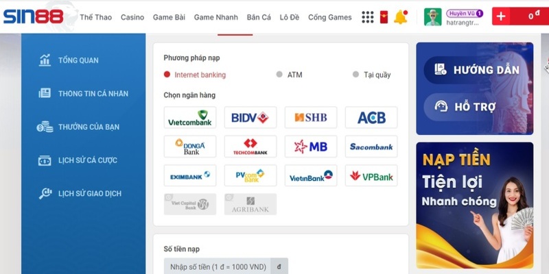 Sin88 hỗ trợ nhiều phương thức nạp tiền